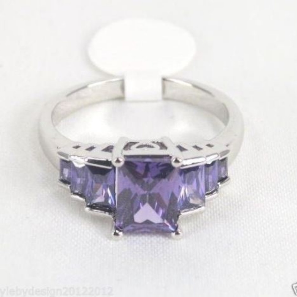 Purple Amethyst Princess Cut White Gold Fill Ring
